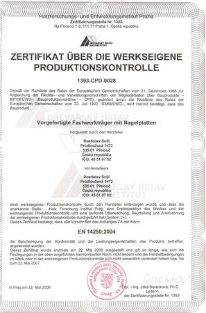 Zertifikat über die werkseigene produktionskontrolle